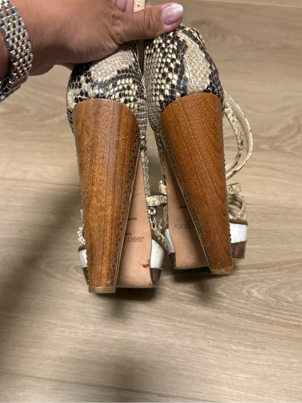 Jimmy Choo Snake-Print Strappy Platform Sandals in Beige and Brown - Picture 3 of 4